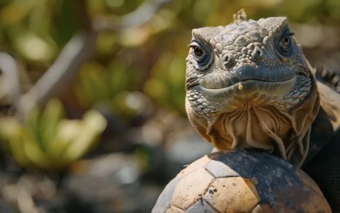 Uno de los fotogramas del clip muestra a lo que sería una iguana de Galápagos con un balón de fútbol