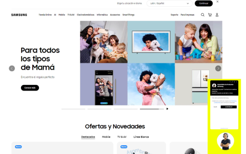 En la página de Samsung, en la partes inferior derecha hay una bolita con la foto de un video promotor, al dar clic se puede acceder a la atención.