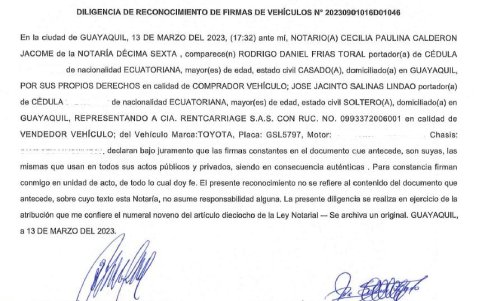 Documento de compra del vehículo GSL5797