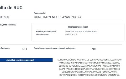 RUC de la empresa Construyendoplayas Inc S.A., que tiene como representante legal a Borys Párraga Figueroa.