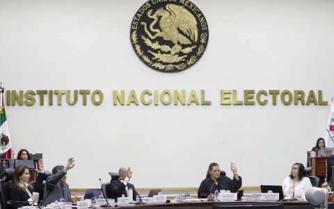 La consejera presidenta del Instituto Nacional Electoral (INE), Guadalupe Taddei (c), vota durante la sesión extraordinaria del Consejo General del INE, este viernes 23 de agosto en Ciudad de México.
