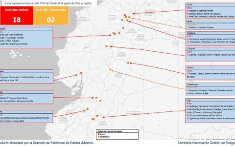 Mapa de incendios en Ecuador con corte al 31 de agosto de 2024.