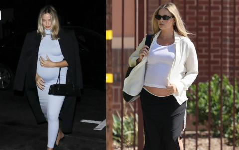 Margot Robbie mostrando su avanzado estado de gestación.