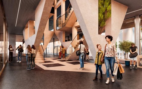 Torre Puzzle Tirana, zona comercial en la parte baja del edificio.