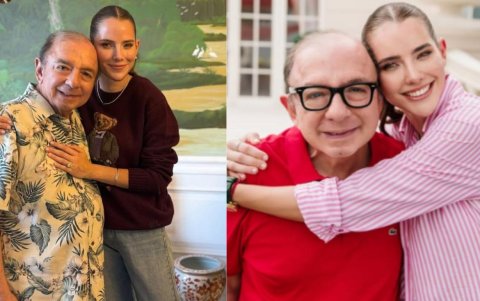 Lavinia Valbonesi junto a su suegro, Álvaro Noboa.  A la izquierda, foto del 11 de mayo de 2025. A la derecha, foto del 18 de febrero de 2025.