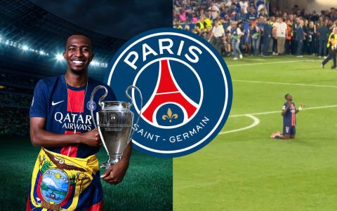 Willian Pacho celebra su triunfo en la Champions League.