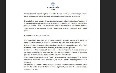 Comunicado de la Cancillería de Colombia sobre alias Fito