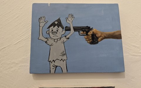 En Escenas batracias, Ralex aborda la violencia que atraviesa la cotidianidad nacional. Varias obras pequeñas abordan distintas aristas de esta mirada,