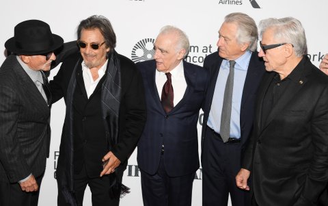 Joe Pesci, Al Pacino, Martin Scorsese, Robert De Niro y Harvey Keitel en el screening de 'El irlandés', durante la edición 57 del festival de cine en Nueva York, el miércoles 27 de septiembre.