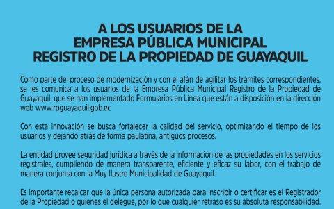 Comunicado del Registro de la Propiedad de Guayaquil