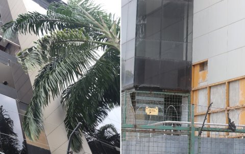 ANTES Y DESPUÉS. A la izquierda, el deterioro externo e interno del edificio VIHCAR del centro de Guayaquil en 2019. A la derecha, el mismo edificio sigue afectado en 2020.