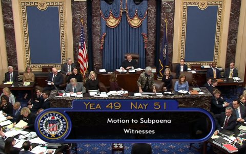 Un captura de pantalla muestra en recuento de la votación en el Senado de Estados Unidos, el pasado 30 de enero, para bloquear a nuevos testigos en el juicio político.