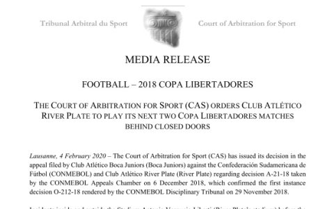 El TAS ratificó la sanción de dos juegos a puerta cerrada en la Copa Libertadores para River Plate.