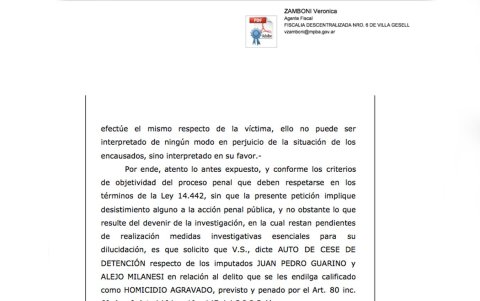 La fiscal Zamboni pidió el cese de prisión preventiva para dos de los acasuados del crimen..
