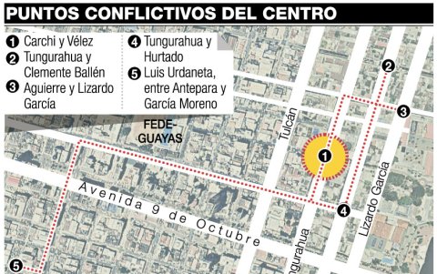 Algunas de las intersecciones conflictivas del centro de la ciudad.