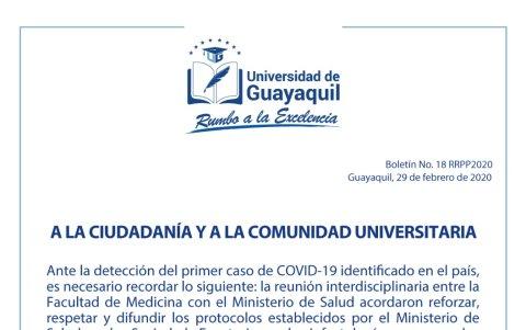 Comunicado de la Universidad de Guayaquil tras conocerse el primera caso de coronavirus en Ecuador.