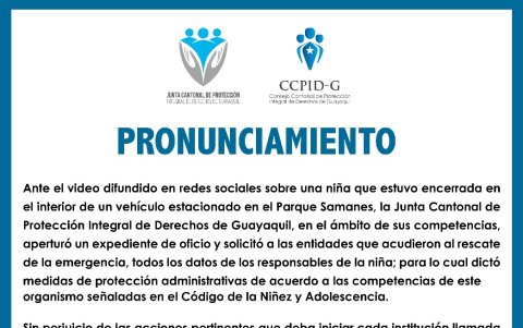 Pronunciamiento de la Junta Cantonal de Prtoección Integral de Derechos de Guayaquil.