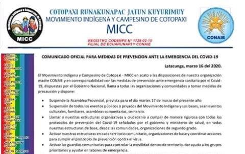 El presidente del MICC, Leonidas Iza, anunció en un comunicado las resoluciones ante el Coronavirus