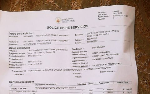 La factura que el cementerio dio a Víctor Hugo Rosado.