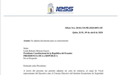 Documento de renuncia de Paúl Granda