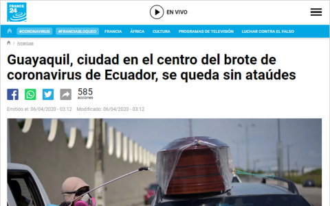 Guayaquil, ciudad en el centro del brote de coronavirus de Ecuador, se queda sin ataúdes