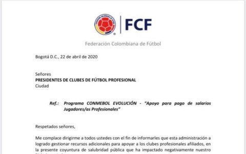 La Federación Colombiana de Fútbol envió un comunicado a los clubes dando a conocer la ayuda que entregará.