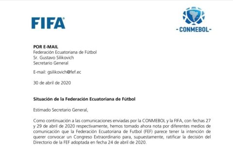 El comunicado de la Conmebol a la FEF en el que indica que a la fecha reconoce únicamente a Francisco Egas como presidente de la Ecuafútbol.
