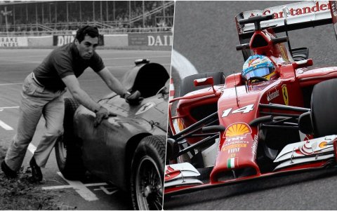 Alfonso de Portago y Fernando Alonso (d) son los pilotos españoles que anteceden a Carlos Sainz en Ferrari.,