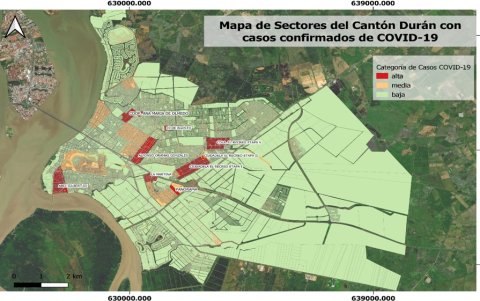 Mapa de los contagios del cantón Durán, según el Ministerio de Salud.