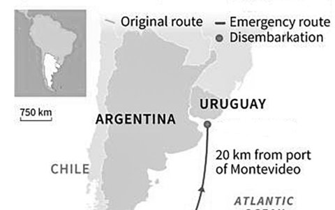 Ruta original y posterior del crucero. El barco partió de Ushuaia, Argentina, para un crucero planeado de 21 días por la Antártida.