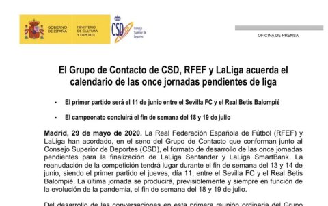 El documento que hizo oficial el regreso del fútbol español fue publicado esta mañana