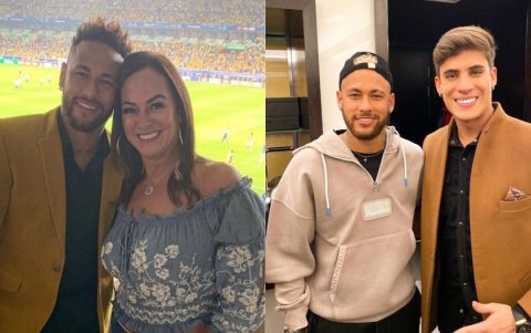 Neymar con su madre Nadine Gonçalves y a la derecha el futbolista con Tiago Ramos.