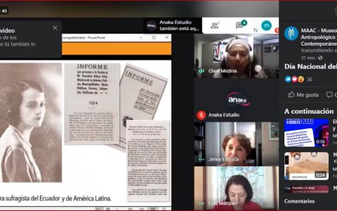La historiadora Jenny Estrada y las comunicadoras Clara Medina y Lola Márquez en un conversatorio virtual sobre Matilde Hidalgo.