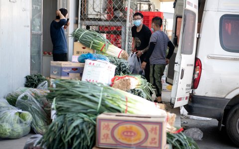 PEKÍN. Proveedores desembarcan verduras en Xinfadi. Cada día se comercializan 18.000 toneladas de vegetales y 20.000 de frutas.