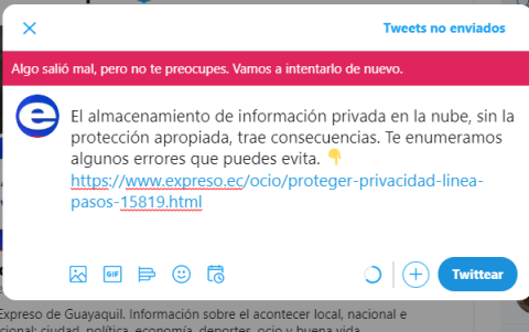 Mensaje de Twitter al intentar realizar una publicación desde una cuenta verificada.