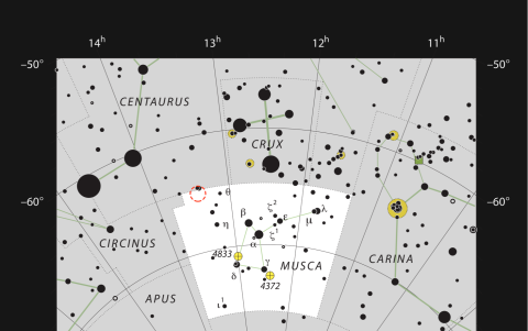 Ubicación de TYC 8998-760-1 en la constelación de la Mosca, el sistema en sí está marcado con un círculo rojo.