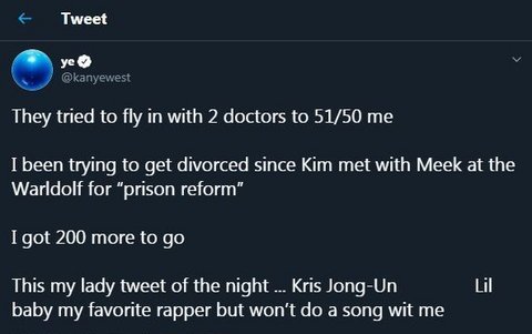 Escribió que ha tratado de divorciarse de Kardashian desde que se encontró con Meek Mill en el hotel Warldolf para escribir un dicurso sobre la reforma de prisiones.