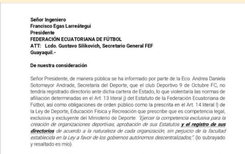 AFNA envió una carta a la Ecuafútbol solicitando información sobre el registro del directorio del 9 de Octubre.