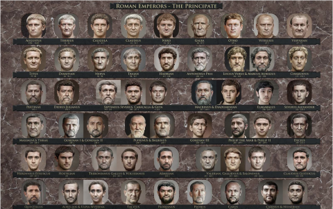 La galería completa incluye retratos fotorrealistas de 54 emperadores del Principado dividido por dinastías.