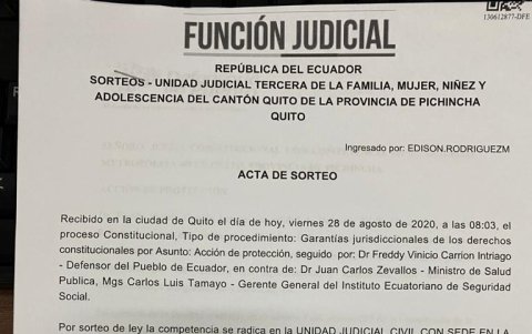 El acta de sorteo de la denuncia presentada por la Defensoría del Pueblo.