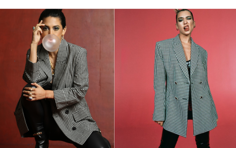 Look inspirado en Dua Lipa y outfit de referencia.