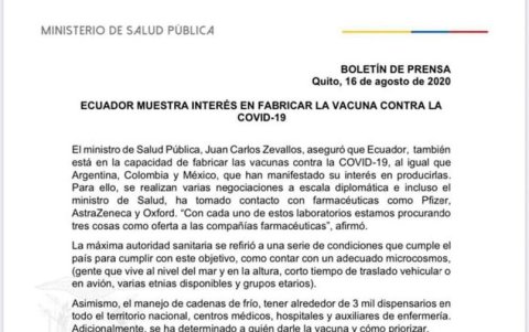 16 de agosto. Juan Carlos Zevallos asegura que Ecuador tiene capacidad para fabricar vacuna.
