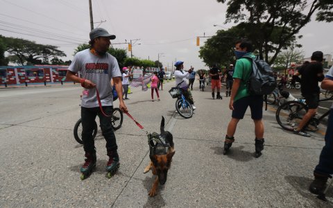 Algunas personas pasearon en sus bicicletas junto a sus mascotas.