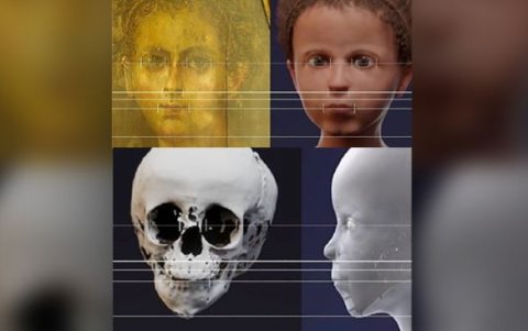 Proceso de reconstrucción computarizada del rostro en 3D del niño egipcio momificado.