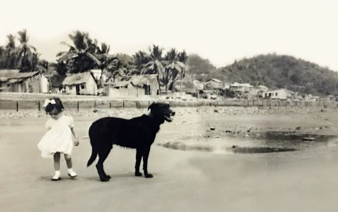 Las Palmas en el año 1957; atrás se observan casas de caña y cade, que eran las viviendas comunes; una barrera de cemento protegía a la población de los aguajes.