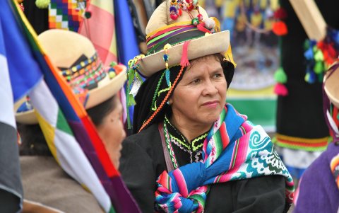 Una mujer indígena esperaba vestida con su traje típico la llegada del expresidente Evo Morales.