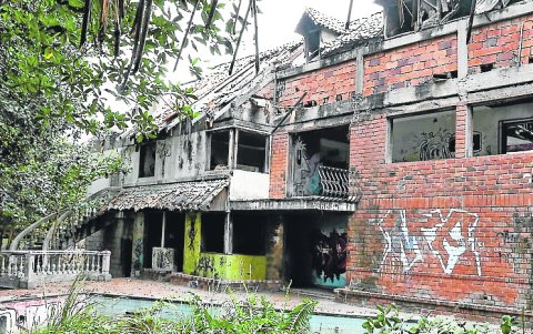 Piscina. En el patio hay una piscina llena de maleza.