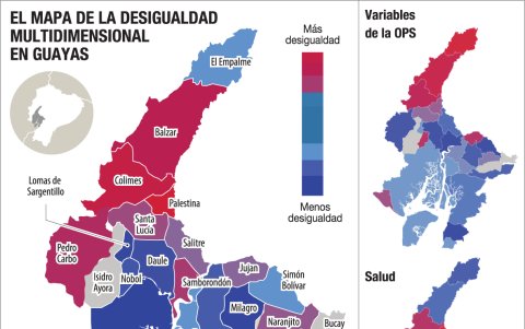 Así se ve el mapa de los cantones de Guayas, de acuerdo a su mayor o menor situación de desigualdad socioeconómica y de salud.