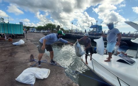 Varios hombres descargaron hoy bolsas con basura recogida del mar, durante una jornada de limpieza ecológica en Islas Galápagos.