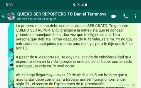 Mensaje que envió Vito al joven reportero.
